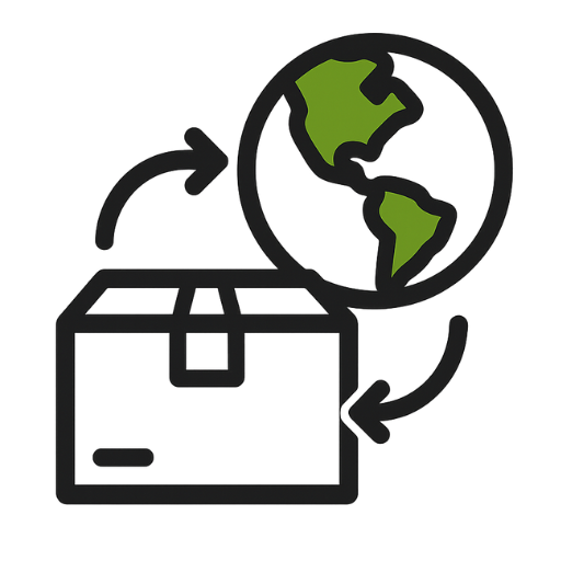 Icon showing a box and globe with arrows – Export from Latin America to international markets with Aliga Corp