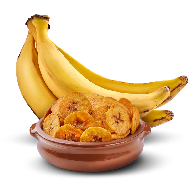 Sliced plantain chips in a bowl with whole bananas, sourced from Latin America – food supplier