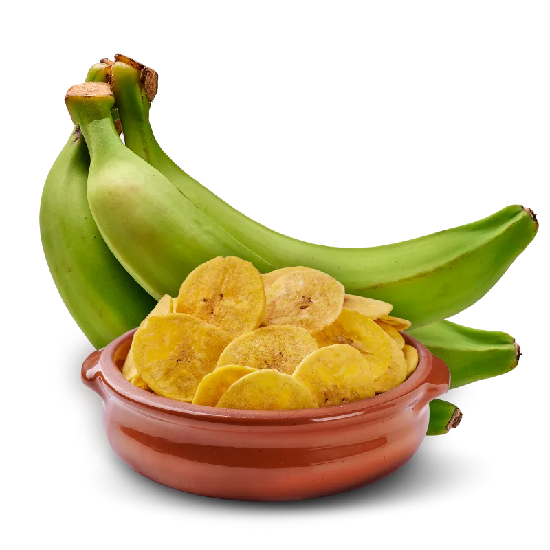 Fresh green plantains with a bowl of crunchy plantain chips – food supplier Latin America