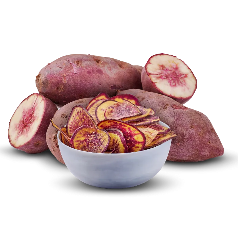 Bowl of sliced purple sweet potato chips with whole tubers in the background – food supplier Latin America