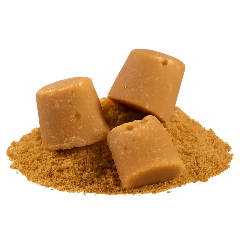 Raw cane sugar (panela) blocks on top of brown unrefined sugar powder – food supplier Latin America